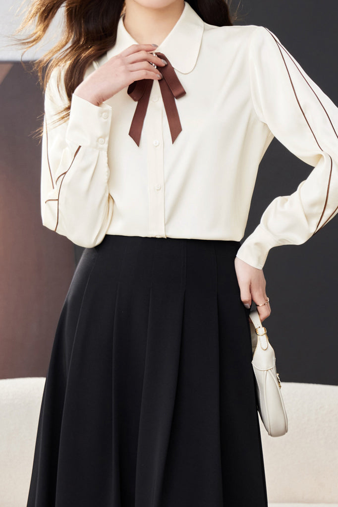 リボンブローチ装飾パイピング袖シャツ　2色入 - liwisi