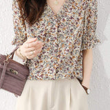 V-Neck Shirring Hem Floral Blouse