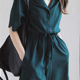 Notch Lapel Color Drawstring Short Overall - 2 Colors Available