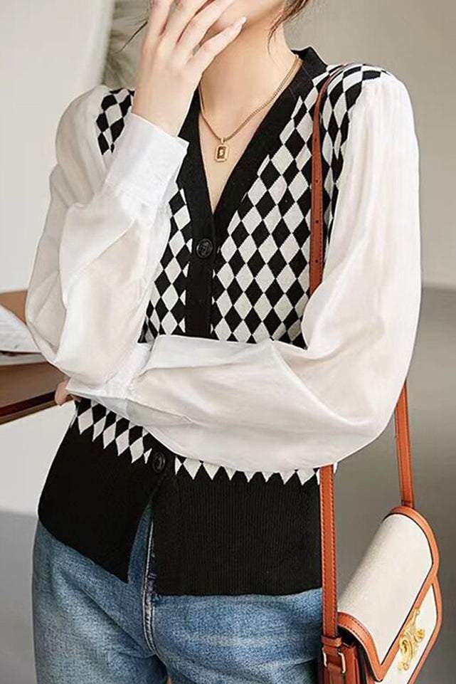 Diamond Patchwork V-Neck Knit Cardigan - liwisi