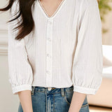 Scalloped V-Neck Button Decor Embroidered Blouse