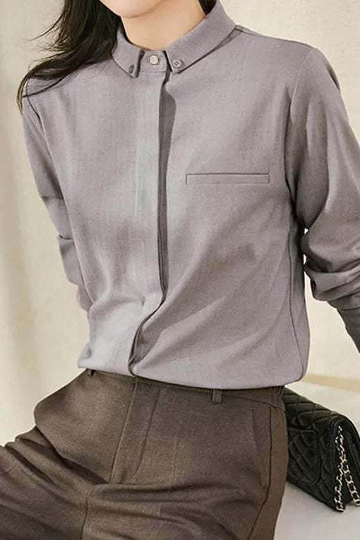 ステンカラー比翼前立てロングスリーブシャツ - liwisi