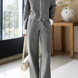 Two-Piece Set: Layered Look Skipper Collar Long Sleeve Top + Training Style Long Wide Pants