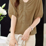 V-Neck Front Button Decor Drawstring Gathered Blouse - 3 Colors Available