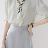Skipper Collar Logo Striped Scarf Decor Satin Blouse