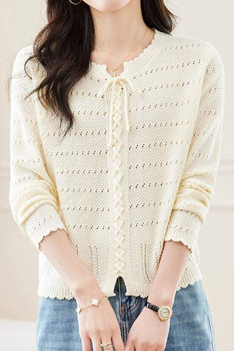 Hollowed-out round-neck knitted shirt - liwisi