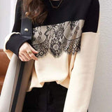 Round Neck Bi-Color Embroidered Lace Decor Sweatshirt