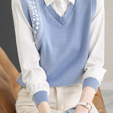 Layered Look Shirt Collar Bi-Color Blouse