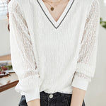 Vネックテープ装飾レース切替Tシャツ - liwisi