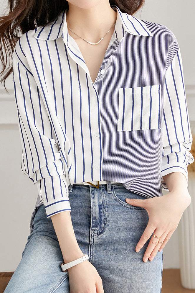バックスリットアシンメトリーストライプシャツ - liwisi