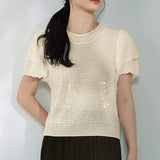 Round Neck Glitter Decor Double Sleeve Knit - 3 Colors Available