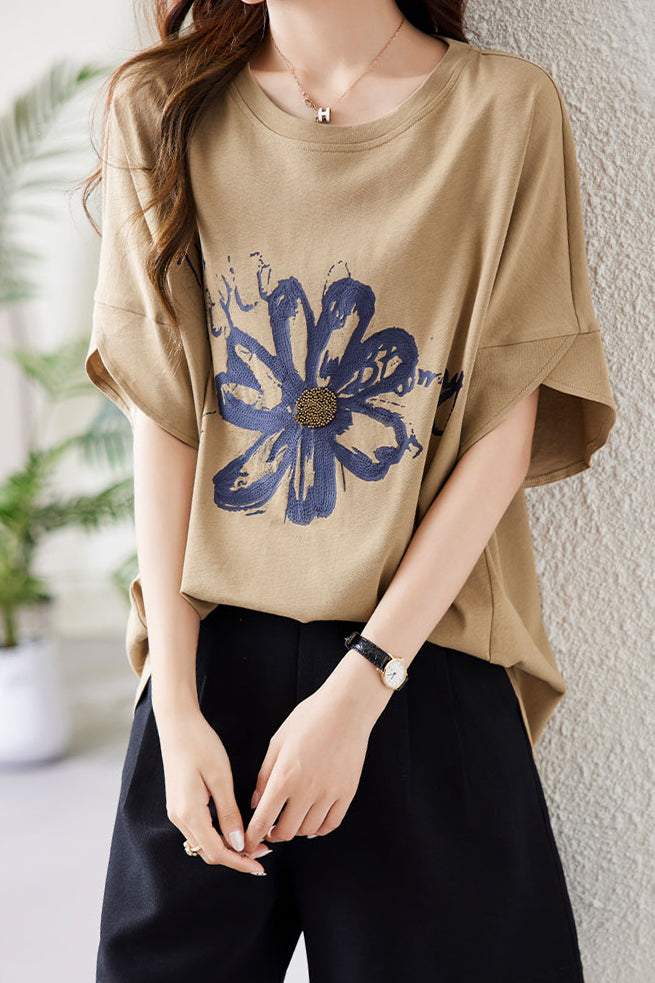 ビーズ装飾アートフラワープリントTシャツ - liwisi