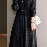 Mixed Material Heart Double Button Knit Dress - 3 Colors Available