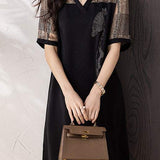 Side Rhinestone Decor Glen Check Contrast Dress