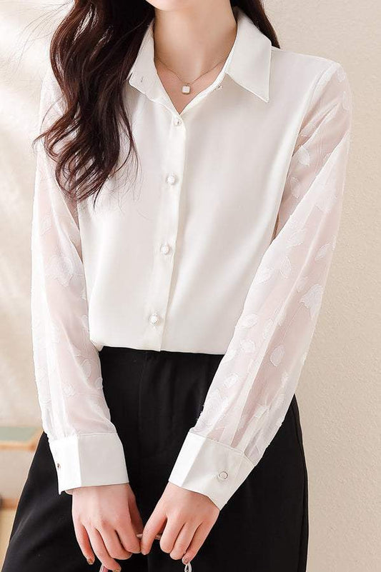 ジャカード刺繍装飾シアー袖サテンシャツ　2色入 - liwisi