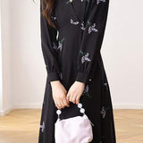 V-Neck Lavender Embroidered Tie Belted Dress