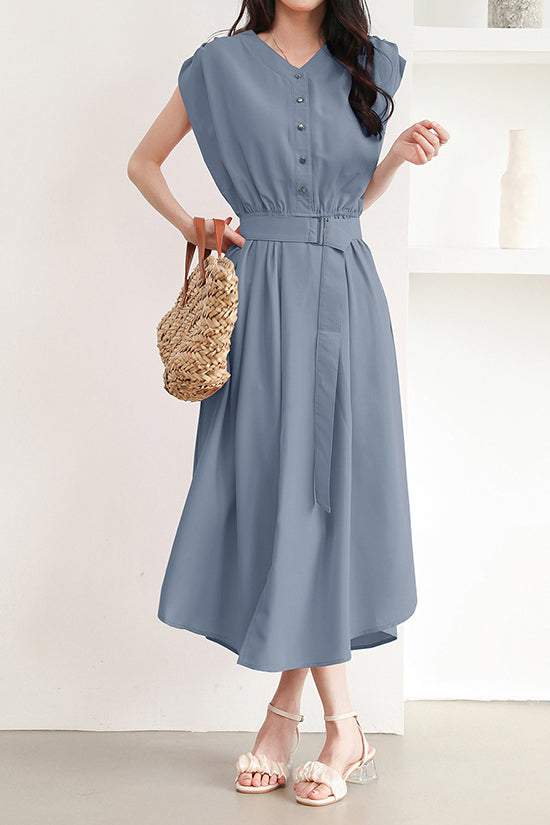 バックルベルト付Vネックロングフレアワンピース　4色入 - liwisi
