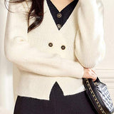 Faux Two-Piece Double Button Bi-Color V-Neck Knit