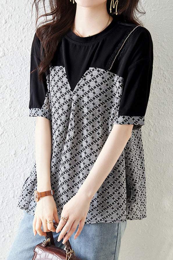 異素材ビーズ装飾プリントTシャツ - liwisi