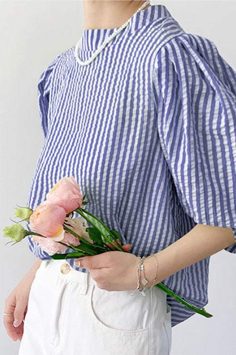 スタンドカラーバックリボン半袖ブラウス　5色入 - liwisi