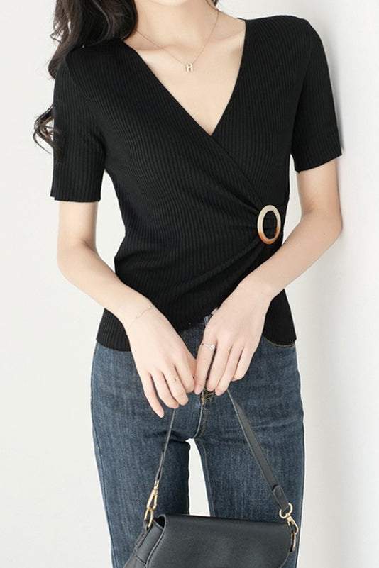 Vネックバックル装飾フロントクロスニット　4色入 - liwisi