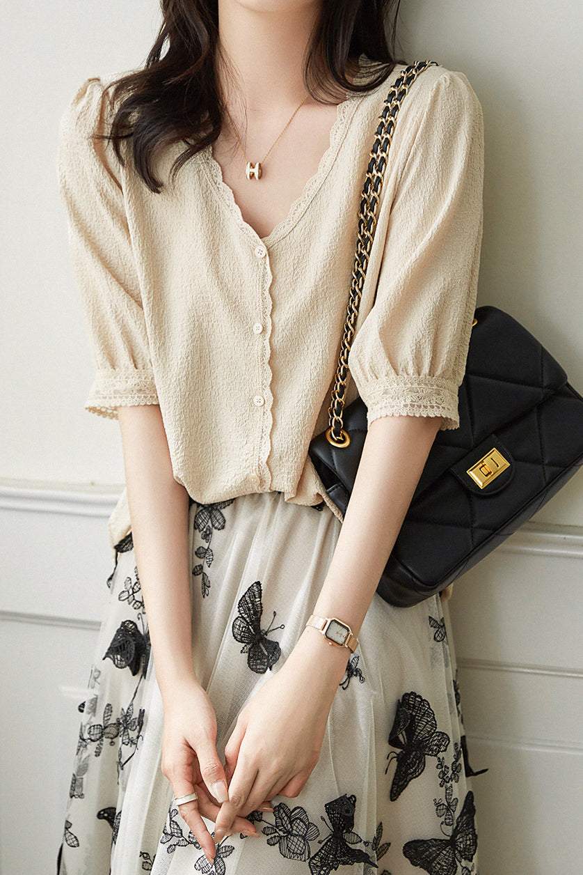 Vネックスカラップヘムリップルブラウス　2色入 - liwisi