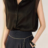 Mixed Material Side Slit Placket Satin Shirt
