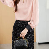 Front Cut-Out Long Sleeve Satin Blouse - 2 Colors Available