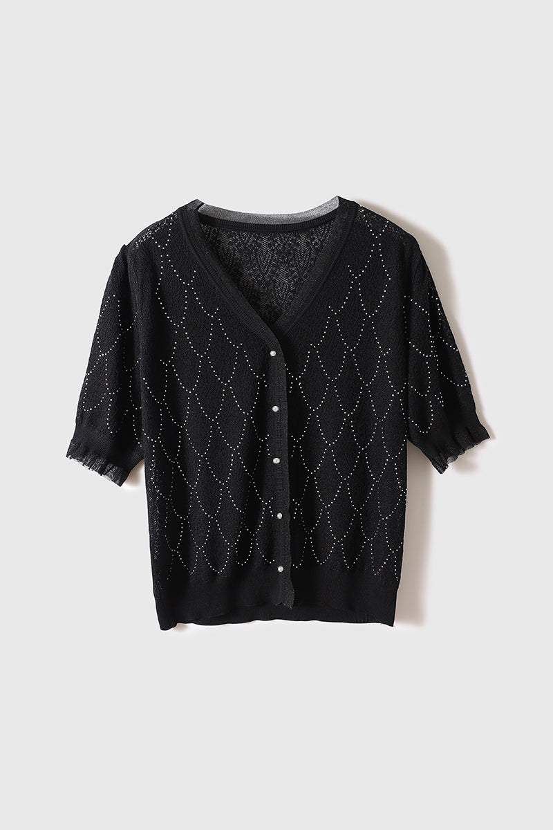 Ⅴネックフリル縁ビーズ装飾半袖ニットトップス　3色入 - liwisi