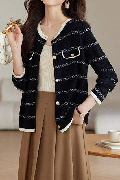 Elegant Round Neck Long Sleeve Striped Cardigan - 4 Colors Available - liwisi