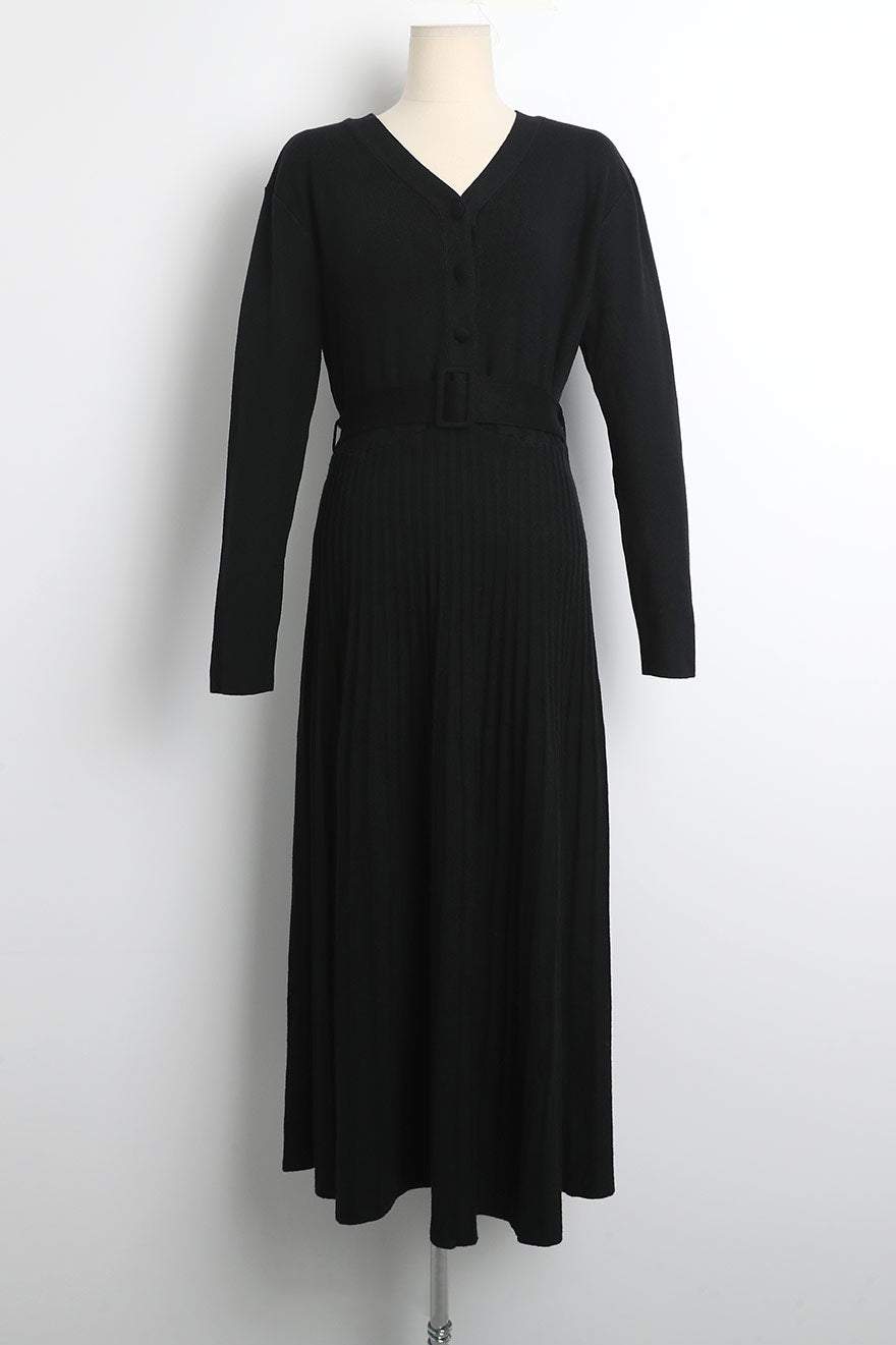 Ｖネックプリーツドッキングロングニットワンピース　3色入 - liwisi