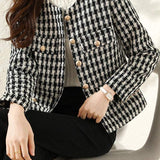 Chanel-Inspired Monochrome Houndstooth Single-Breasted Jacket with Lining