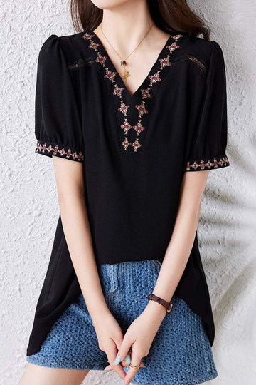 Vネックエスニック刺繍バックタックチュニック - liwisi