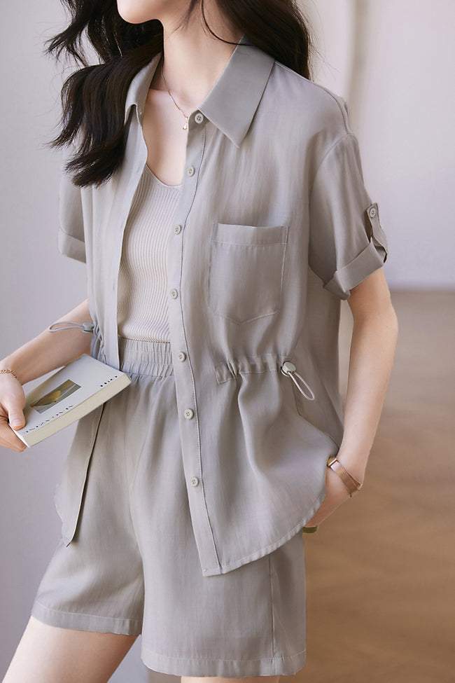 二点セット　ドローストリングシンプルシャツ＋サイドポケットシンプルショートパンツ　裏地付 - liwisi