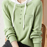 Casual Minimalist Color Block Button Detail Hoodie in 4 Colors