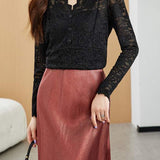 V-Neck Scalloped Hem Glitter Decor Lace Blouse with Lining - 2 Colors Available