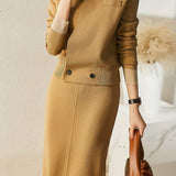 Skipper Collar Double Button Long Sleeve Top + Side Pocket Long Slacks + Back Slit Simple Long Skirt