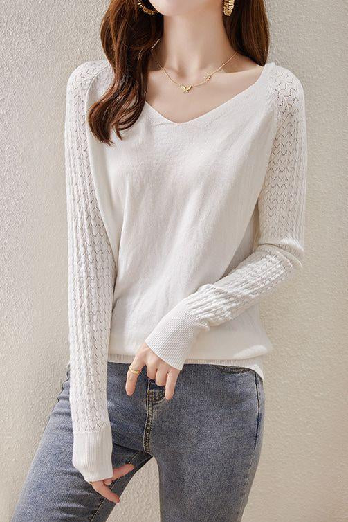 Solid-color V-neck knitted top - liwisi