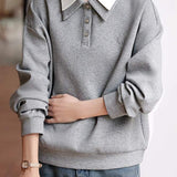 Double Polo Collar Logo Embroidered Drop Shoulder Sweatshirt