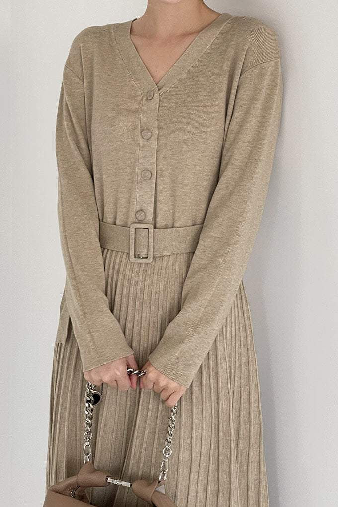 Ｖネックプリーツドッキングロングニットワンピース　3色入 - liwisi