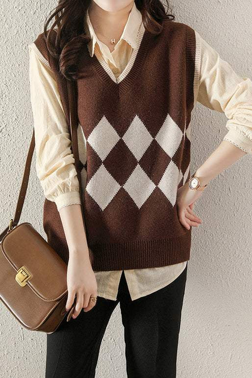 Casual V-Neck Diamond Pattern Knit Vest - 3 Colors Available - liwisi