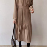 Round Neck Pleated Contrast Long Flare Dress - 4 Colors Available