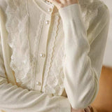 Round Neck Embroidered Lace Decor Knit Cardigan - 2 Colors Available