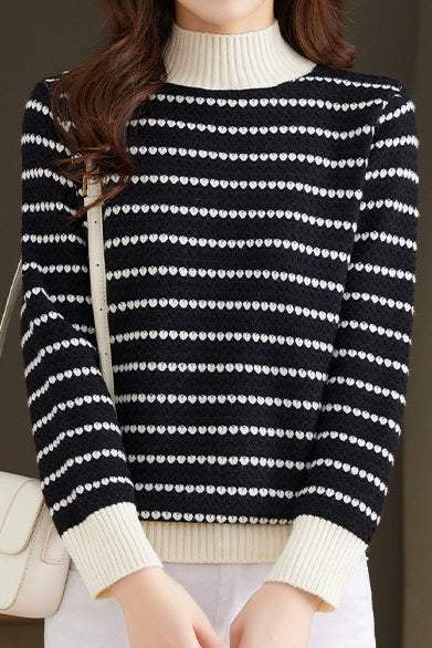 Half Turtleneck Striped Knitted Top - liwisi