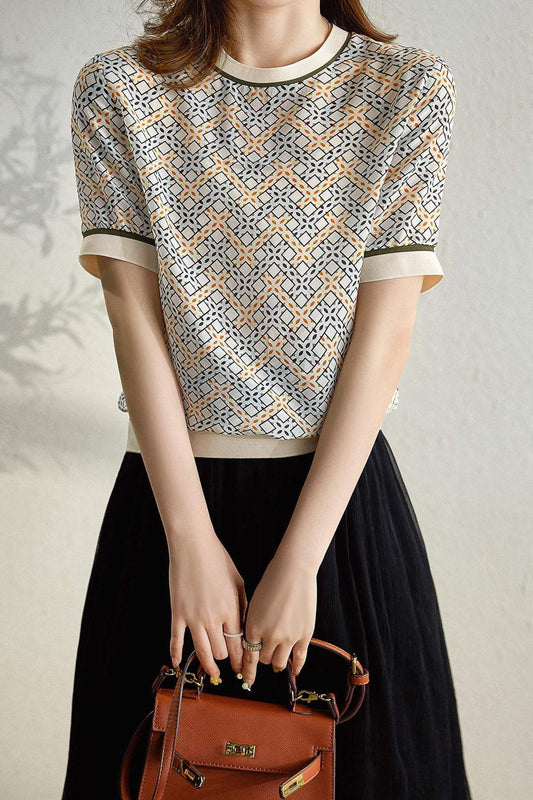 ラウンドネック幾何プリントTシャツ　2色入 - liwisi