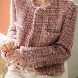 Chanel-Inspired Round Neck Fringe Tweed Jacket with Lining