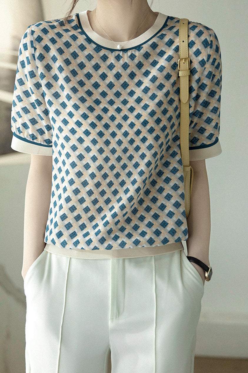 ラウンドネック多色ひし形Tシャツ - liwisi