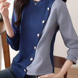 Round Neck Diagonal Button Decor Striped Contrast Sweatshirt