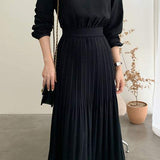 Round Neck Pleated Contrast Long Flare Dress - 4 Colors Available
