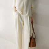 Two-Piece Set: Effortless V-Neck Drop Shoulder T-Shirt + Side Pocket Long Slacks Pants